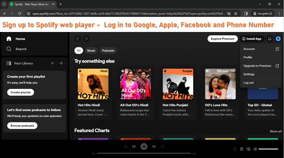 Sign up to Spotify web player